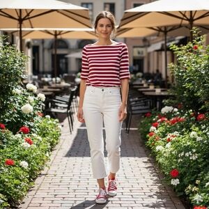 Lauren Ralph Lauren Red & White Stripe Folded Cuff Cotton Top Size Medium